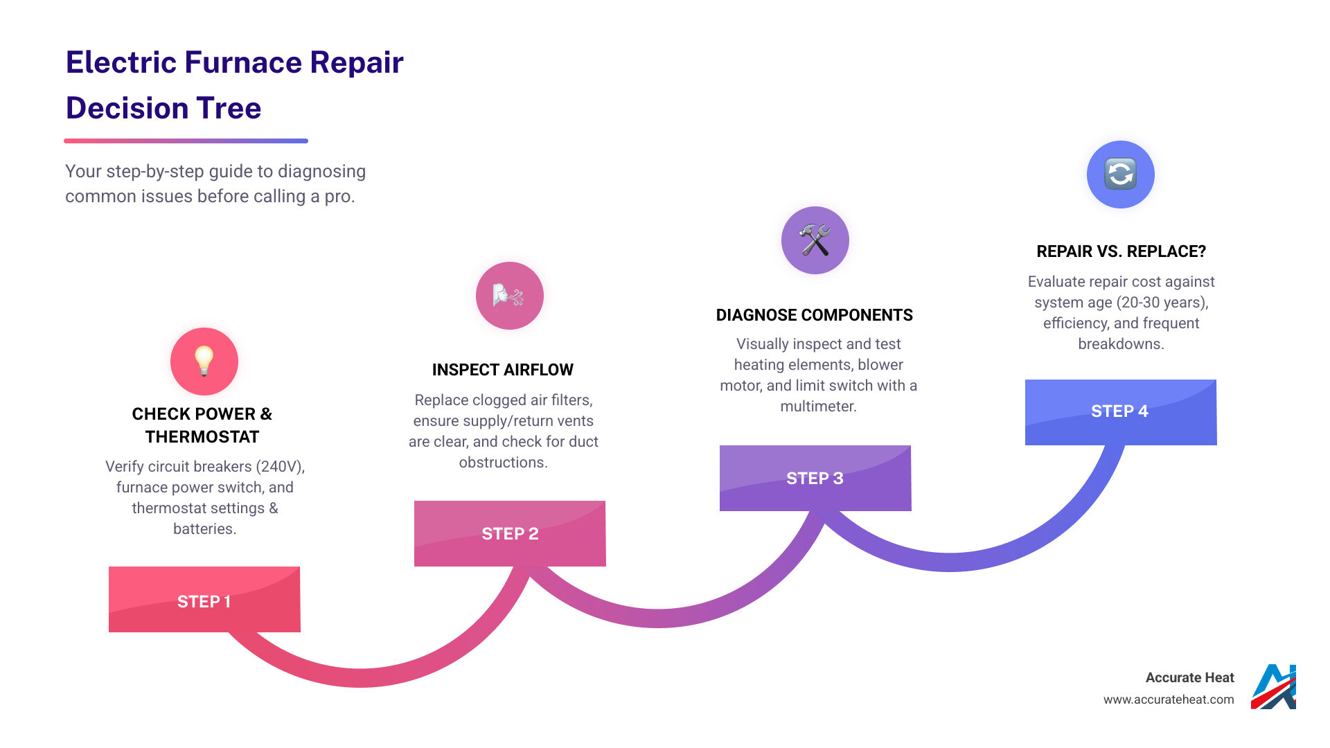 Infographic showing the electric furnace repair decision tree: start with thermostat and breaker checks, move to filter and airflow inspection, then component testing with multimeter, and finally the repair vs replacement decision based on age and cost - Electric furnace repair infographic step-infographic-4-steps