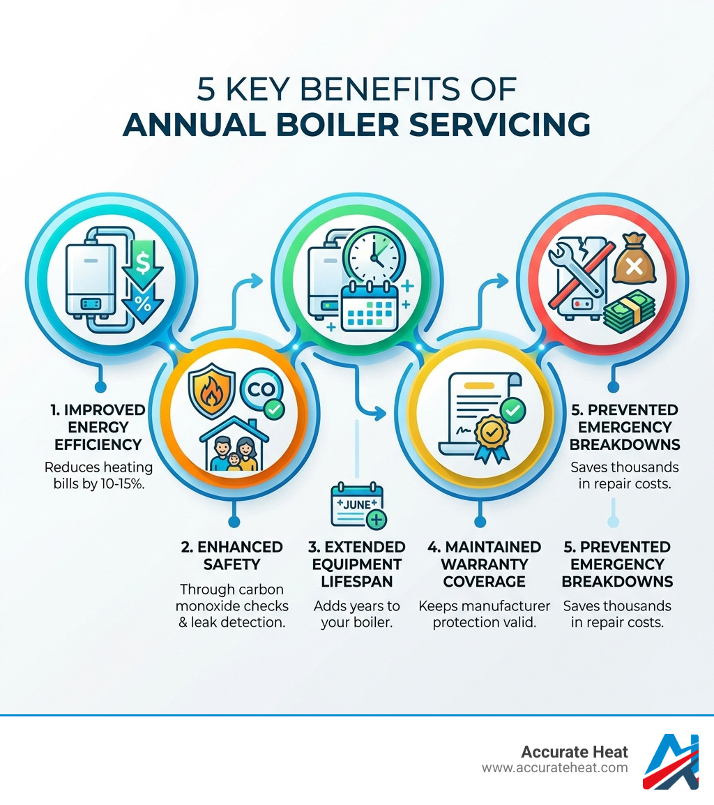infographic showing 5 key benefits of annual boiler servicing: 1. Improved Energy Efficiency reduces heating bills by 10-15%, 2. Enhanced Safety through carbon monoxide checks and leak detection, 3. Extended Equipment Lifespan adds years to your boiler, 4. Maintained Warranty Coverage keeps manufacturer protection valid, 5. Prevented Emergency Breakdowns saves thousands in repair costs - Boiler service near infographic 