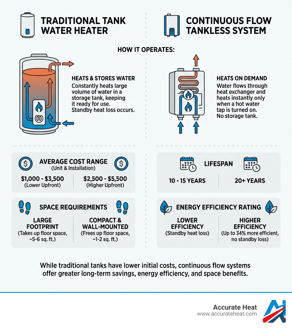 Infographic showing side-by-side comparison of traditional tank water heater versus continuous flow tankless system, including average cost ranges, lifespan, space requirements, energy efficiency ratings, and how each system operates to heat water - continuous hot water system installation cost infographic Infographic showing side-by-side comparison of traditional tank water heater versus continuous flow tankless system, including average cost ranges, lifespan, space requirements, energy efficiency ratings, and how each system operates to heat water - continuous hot water system installation cost infographic