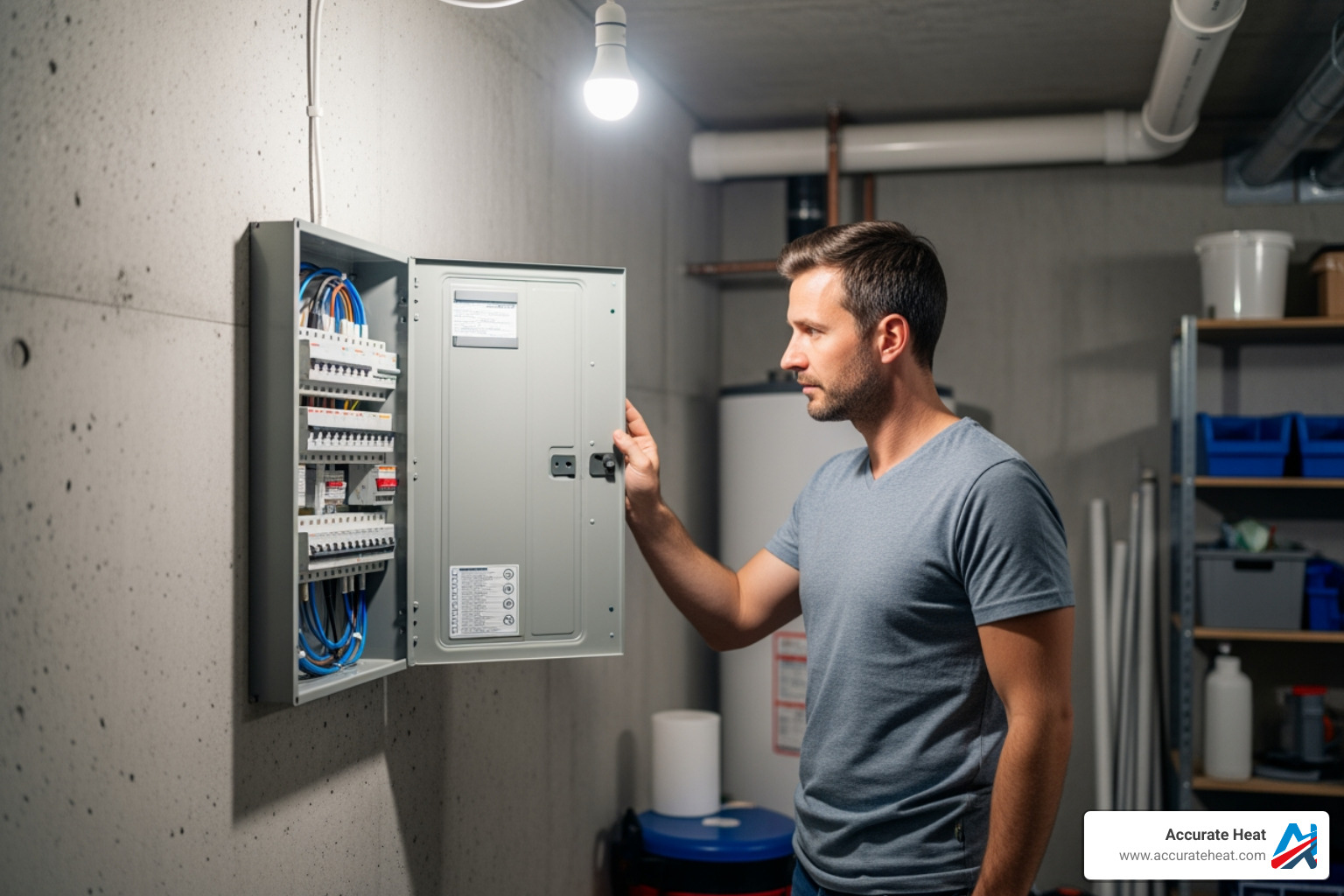 homeowner safely checking a circuit breaker panel - Electric furnace repair