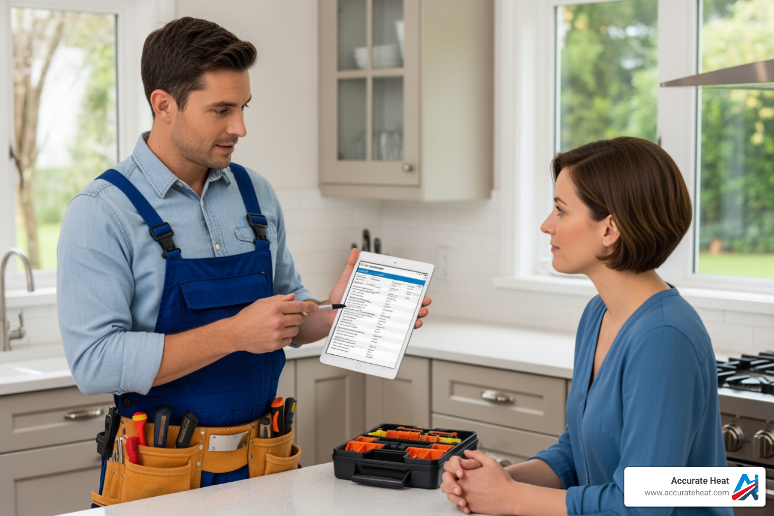 Image of a plumber providing a quote to a homeowner - continuous hot water system installation cost Image of a plumber providing a quote to a homeowner - continuous hot water system installation cost