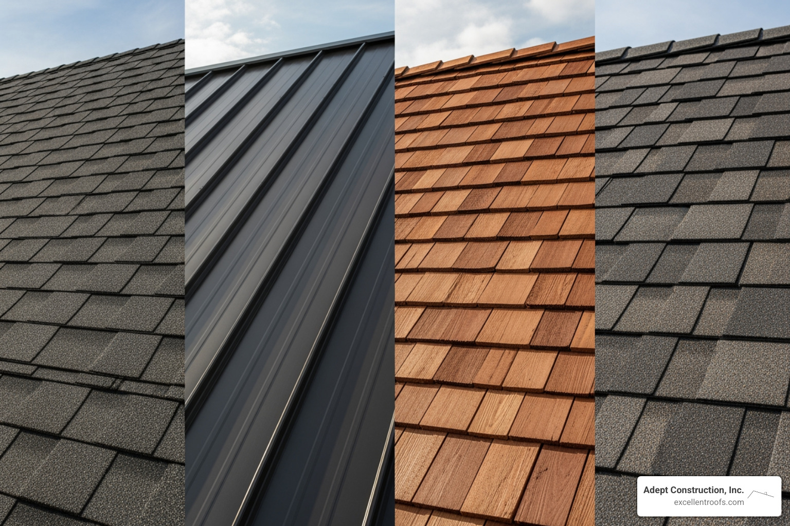 Various roofing materials: asphalt shingles, metal panels, cedar shakes, composite roofing - residential roof replacement Various roofing materials: asphalt shingles, metal panels, cedar shakes, composite roofing - residential roof replacement