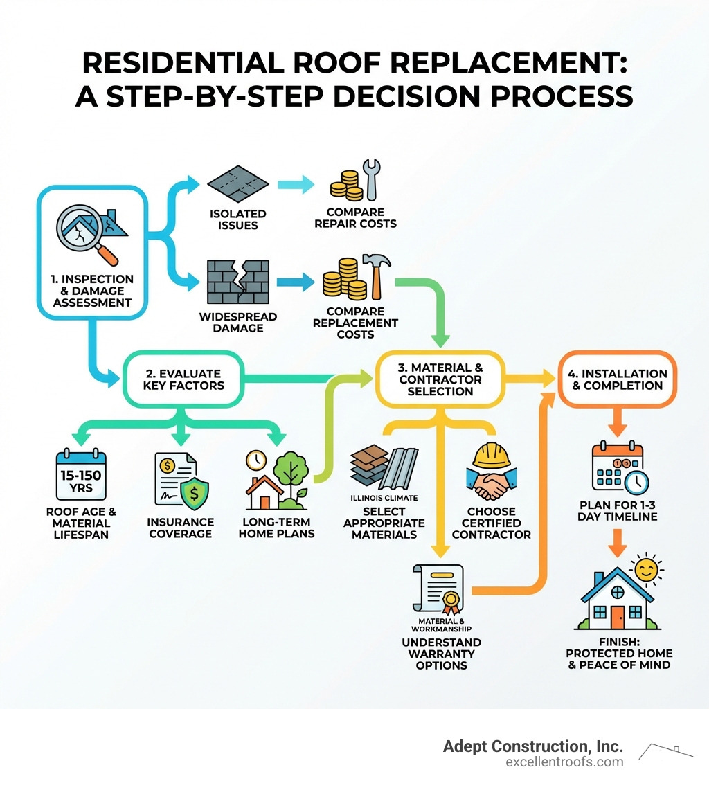 Infographic showing the residential roof replacement decision process: inspection and damage assessment, comparing repair costs versus replacement costs, evaluating roof age and material lifespan, checking for widespread damage or isolated issues, considering long-term home plans, reviewing insurance coverage, selecting appropriate materials for Illinois climate, choosing a certified contractor, understanding warranty options, and planning for 1-3 day installation timeline - residential roof replacement infographic Infographic showing the residential roof replacement decision process: inspection and damage assessment, comparing repair costs versus replacement costs, evaluating roof age and material lifespan, checking for widespread damage or isolated issues, considering long-term home plans, reviewing insurance coverage, selecting appropriate materials for Illinois climate, choosing a certified contractor, understanding warranty options, and planning for 1-3 day installation timeline - residential roof replacement infographic