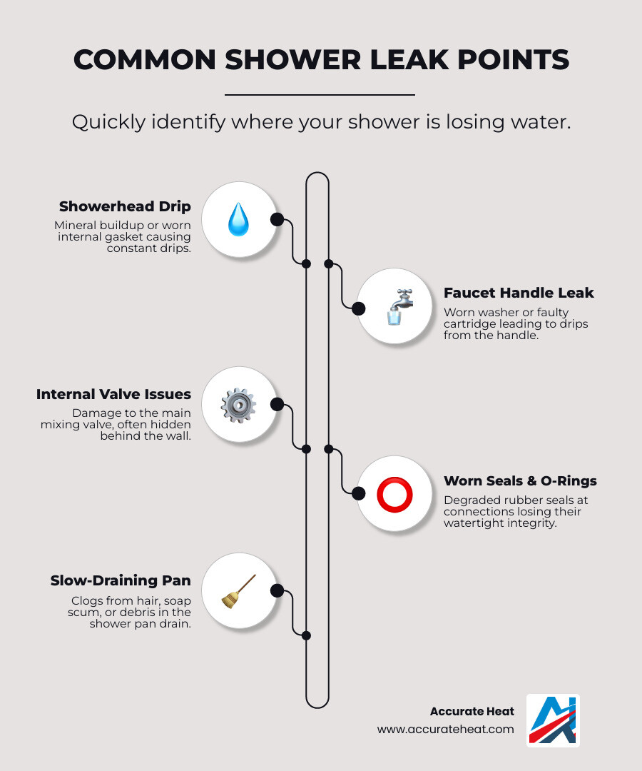 Infographic showing the most common shower leak points: a dripping showerhead at the top, a leaking faucet handle in the middle, a faulty valve behind the wall, worn O-rings and gaskets at connection points, and a slow-draining shower pan at the bottom, with arrows pointing to each problem area and brief descriptions of causes - bathroom shower repair infographic infographic-line-5-steps-elegant_beige