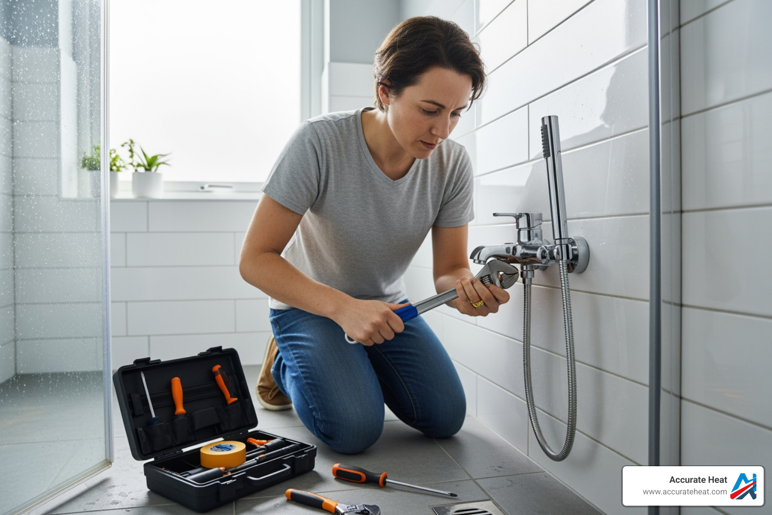 homeowner successfully fixing a shower faucet - bathroom shower repair