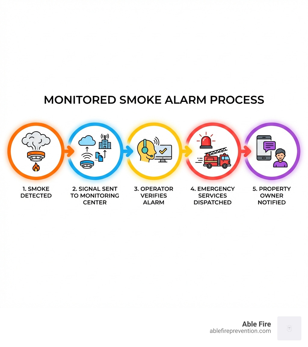 infographic showing the monitored smoke alarm process: smoke detected, signal sent to monitoring center, operator verifies alarm, emergency services dispatched, property owner notified - monitored smoke alarm infographic 