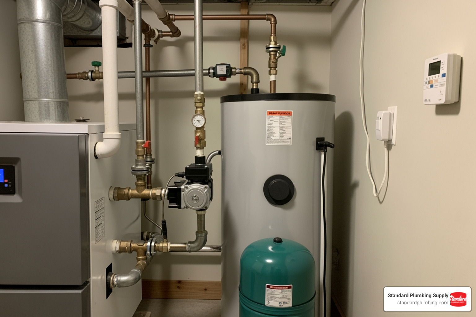 Key components of a boiler and indirect water heater system, with labels for boiler, indirect water heater, heat exchanger, circulator pump, and thermostat - boiler with hot water tank