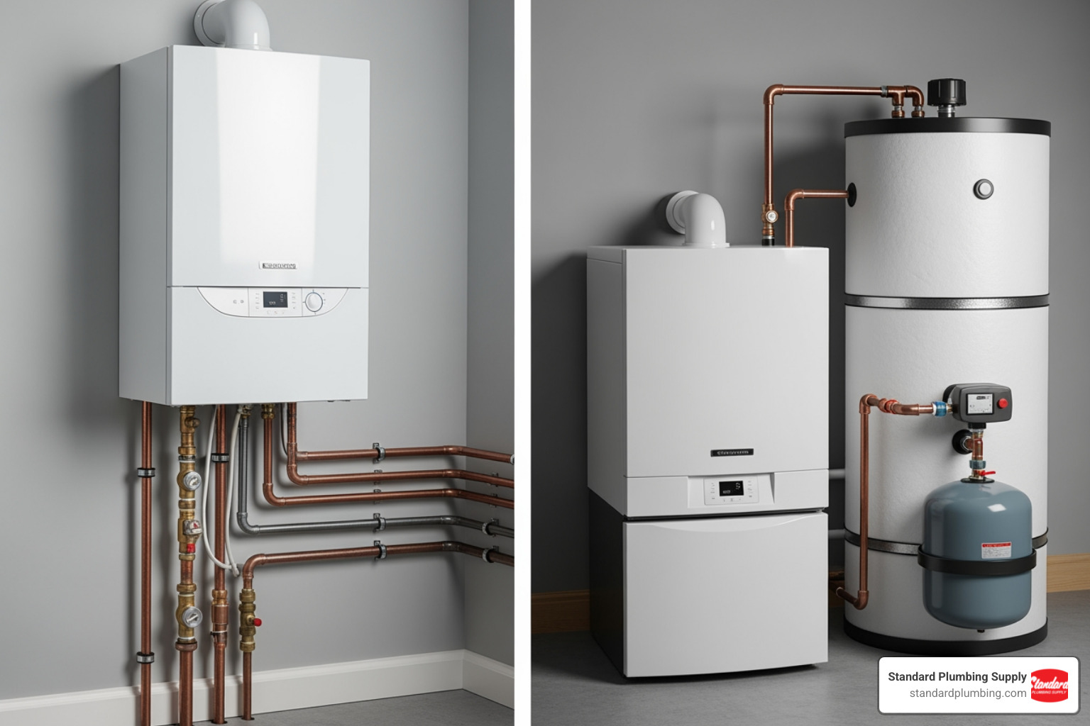 Comparison image showing a compact wall-mounted combi boiler next to a larger floor-standing system boiler with a separate indirect hot water tank - boiler with hot water tank
