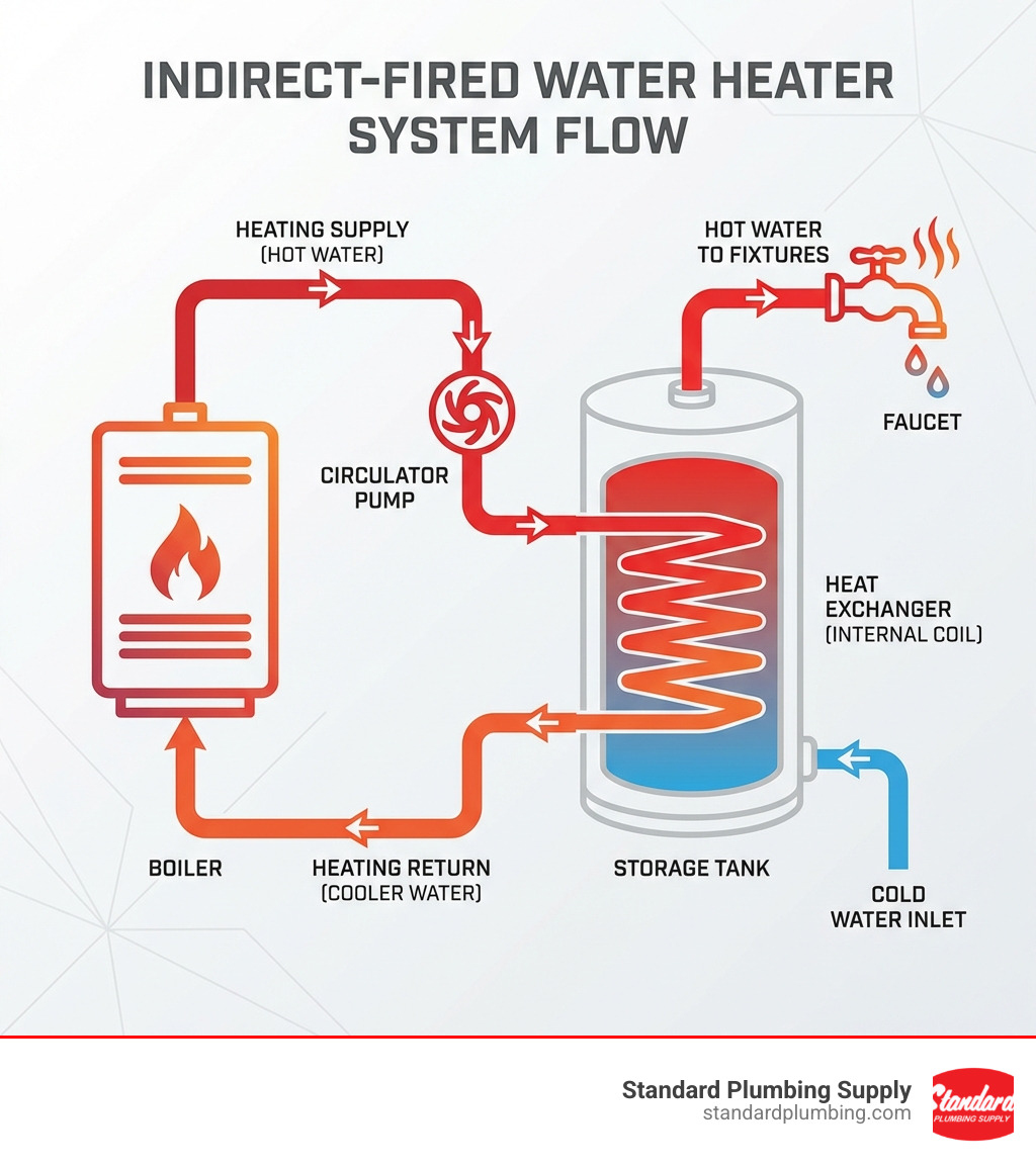 Infographic showing the flow of heat from a gas or oil-fired boiler through pipes to an indirect hot water tank with an internal heat exchanger coil, then from the tank's hot water outlet to a faucet, with labels for boiler, circulator pump, heat exchanger, storage tank, cold water inlet, and hot water to fixtures - boiler with hot water tank infographic 