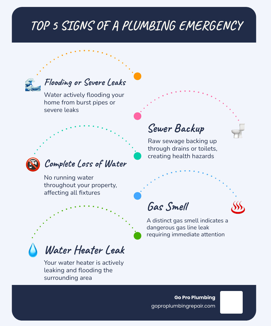 Infographic showing the top 5 signs of a plumbing emergency: 1) Water actively flooding your home from burst pipes or severe leaks, 2) Raw sewage backing up through drains or toilets creating health hazards, 3) Complete loss of running water throughout your property, 4) Gas smell indicating a dangerous gas line leak, 5) Water heater actively leaking and flooding the area - 24 hour plumber Sacramento infographic infographic-line-5-steps-blues-accent_colors Infographic showing the top 5 signs of a plumbing emergency: 1) Water actively flooding your home from burst pipes or severe leaks, 2) Raw sewage backing up through drains or toilets creating health hazards, 3) Complete loss of running water throughout your property, 4) Gas smell indicating a dangerous gas line leak, 5) Water heater actively leaking and flooding the area - 24 hour plumber Sacramento infographic infographic-line-5-steps-blues-accent_colors