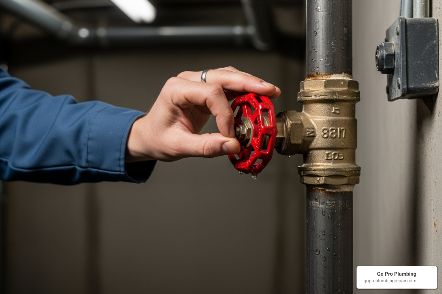 Image of a hand turning a main water shut-off valve - 24 hour plumber Sacramento Image of a hand turning a main water shut-off valve - 24 hour plumber Sacramento