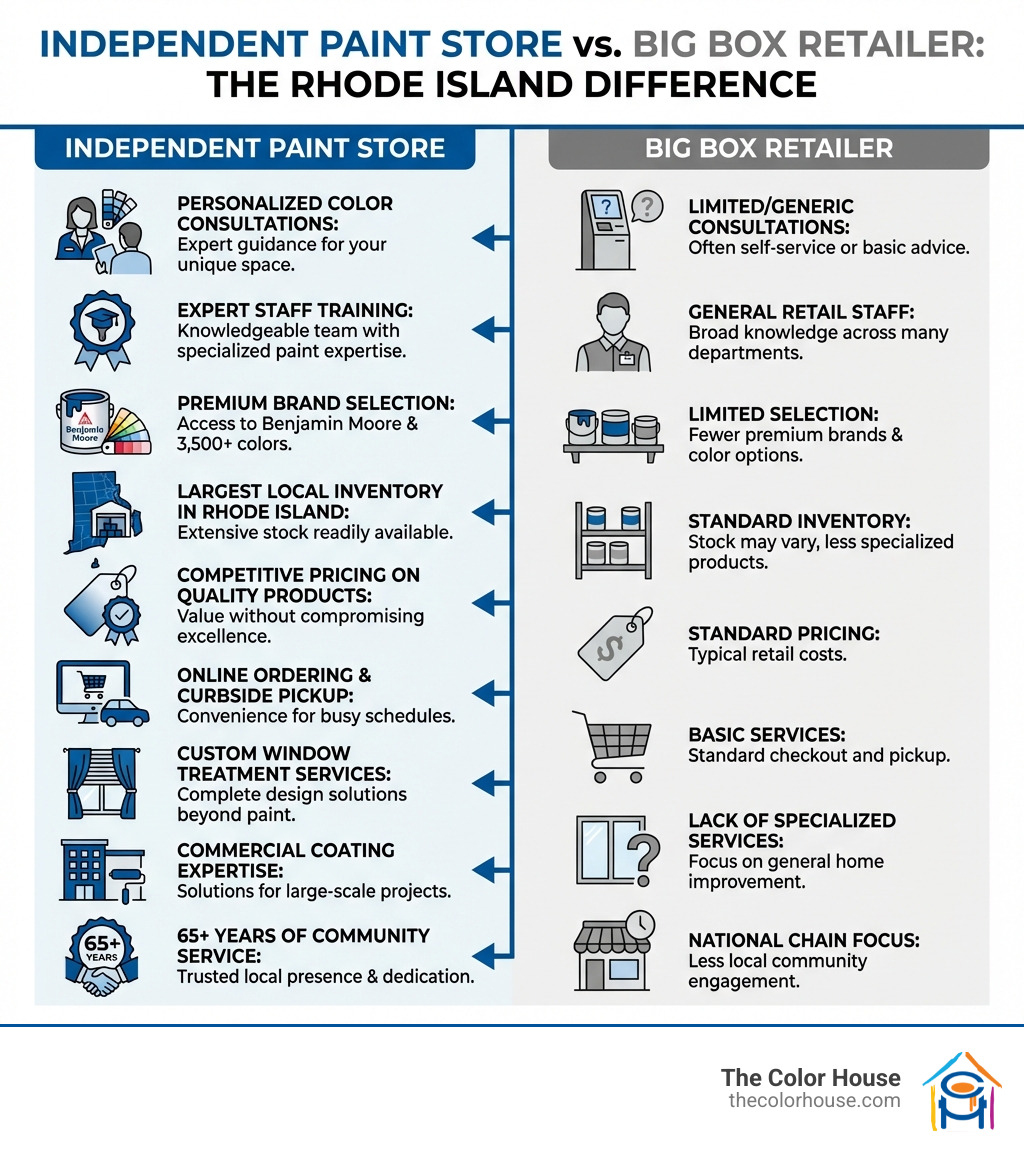 infographic showing the differences between shopping at an independent paint store versus a big box retailer, including personalized color consultations, expert staff training, premium brand selection like Benjamin Moore with 3500+ colors, largest local inventory in Rhode Island, competitive pricing on quality products, online ordering with curbside pickup, custom window treatment services, commercial coating expertise, and 65+ years of community service - Paint store Rhode Island infographic infographic showing the differences between shopping at an independent paint store versus a big box retailer, including personalized color consultations, expert staff training, premium brand selection like Benjamin Moore with 3500+ colors, largest local inventory in Rhode Island, competitive pricing on quality products, online ordering with curbside pickup, custom window treatment services, commercial coating expertise, and 65+ years of community service - Paint store Rhode Island infographic