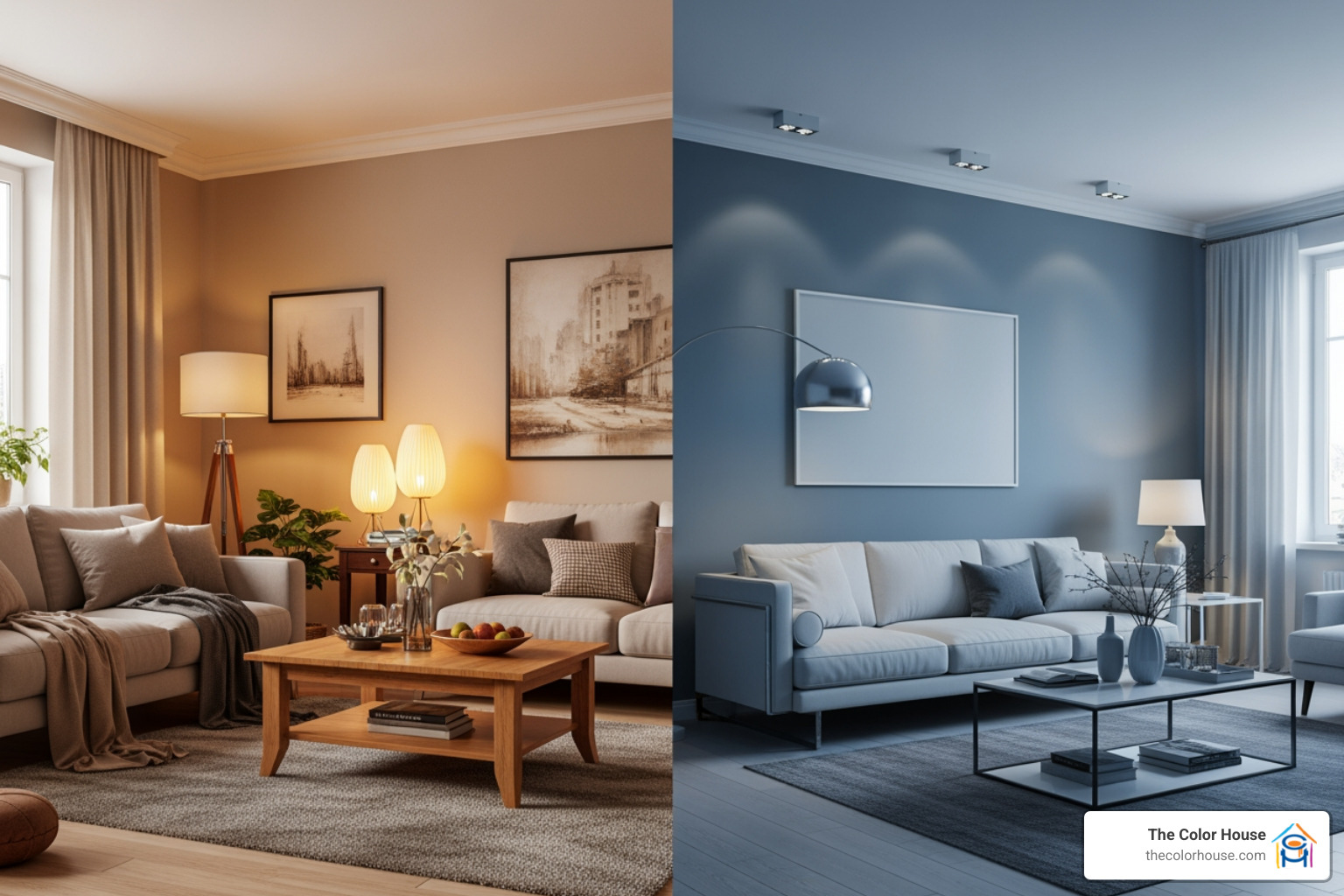 image comparing a warm greige room to a cool blue-gray room - Gray paint colors image comparing a warm greige room to a cool blue-gray room - Gray paint colors