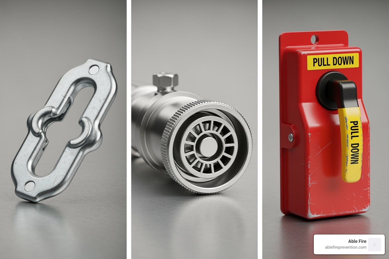 close-ups of a nozzle, a fusible link, and a manual pull station - suppression system kitchen close-ups of a nozzle, a fusible link, and a manual pull station - suppression system kitchen