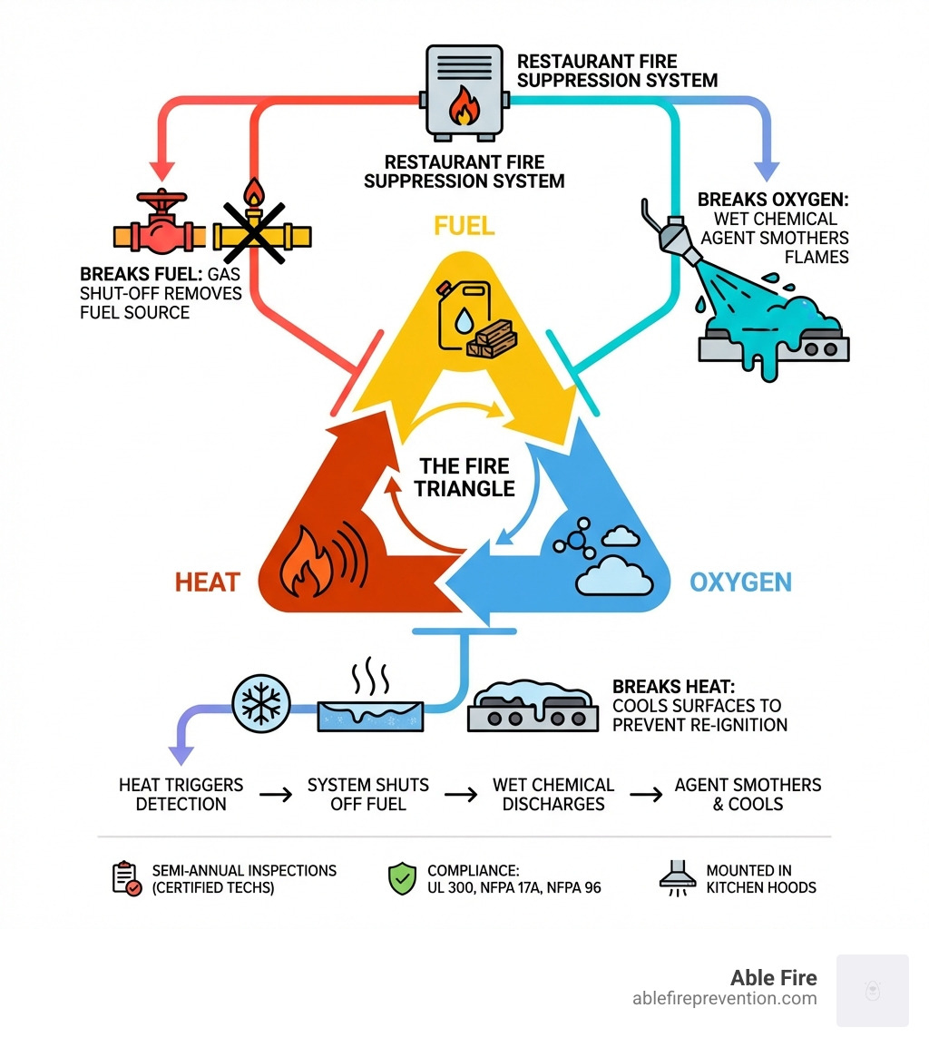 Infographic showing the fire triangle (heat, fuel, oxygen) and how restaurant fire suppression systems break the triangle by removing fuel through gas shut-off, removing oxygen through wet chemical smothering agent, and removing heat through cooling surfaces to prevent re-ignition - restaurant fire suppression infographic Infographic showing the fire triangle (heat, fuel, oxygen) and how restaurant fire suppression systems break the triangle by removing fuel through gas shut-off, removing oxygen through wet chemical smothering agent, and removing heat through cooling surfaces to prevent re-ignition - restaurant fire suppression infographic
