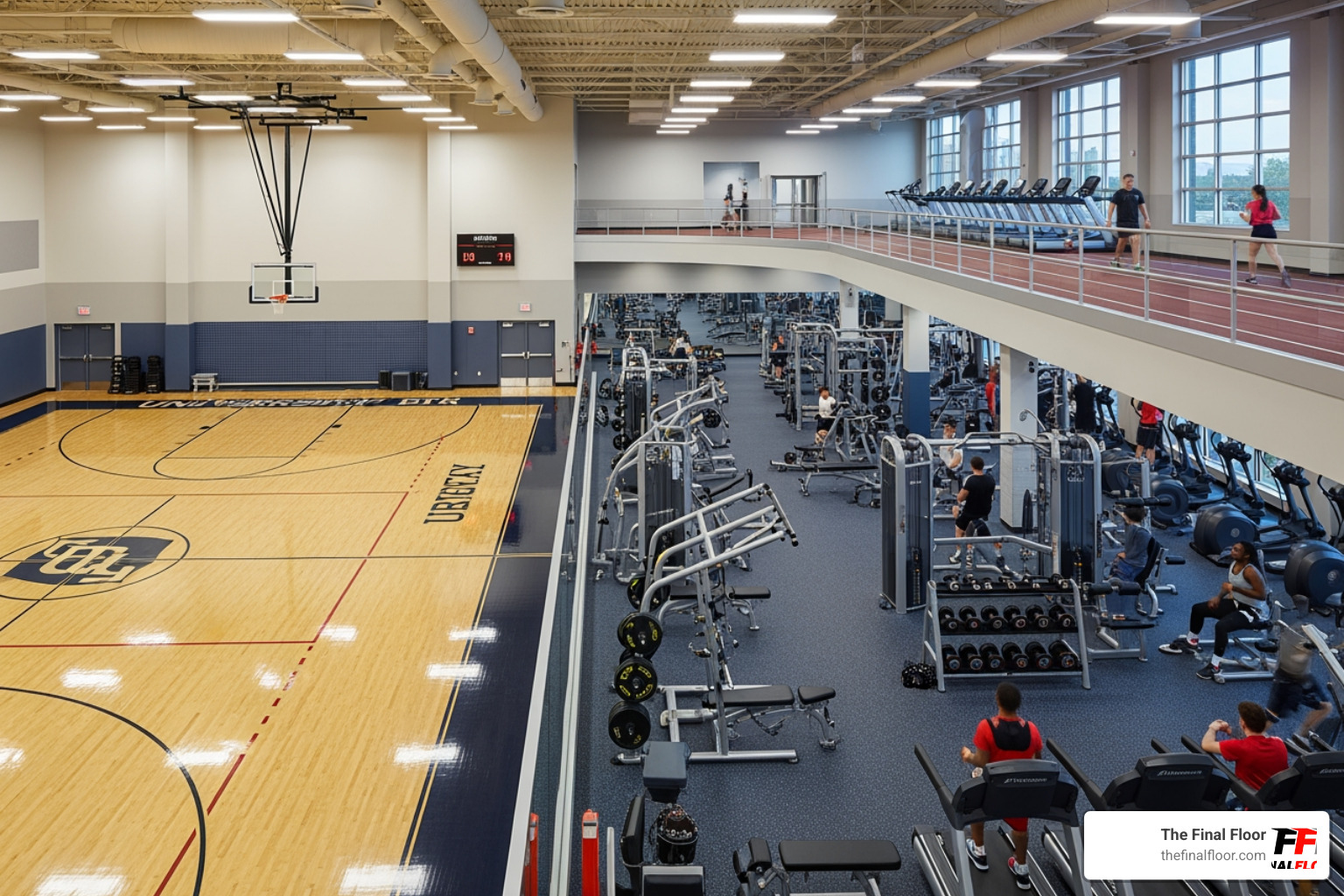 of a university athletic center showing a basketball court, a weight room area, and a running track - sports flooring of a university athletic center showing a basketball court, a weight room area, and a running track - sports flooring