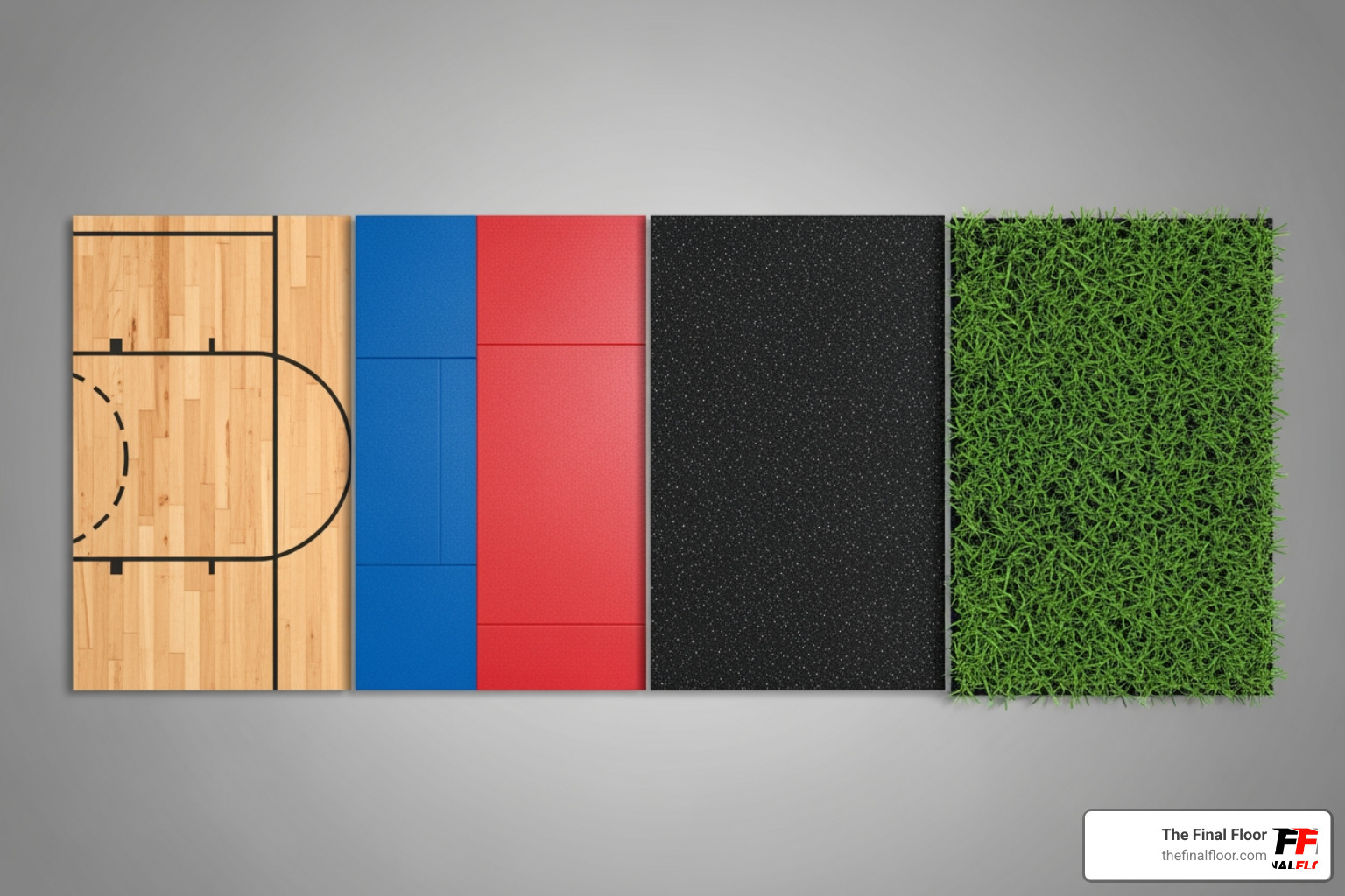 of four flooring samples side-by-side: maple hardwood, colored vinyl, black rubber, and green artificial turf - sports flooring of four flooring samples side-by-side: maple hardwood, colored vinyl, black rubber, and green artificial turf - sports flooring