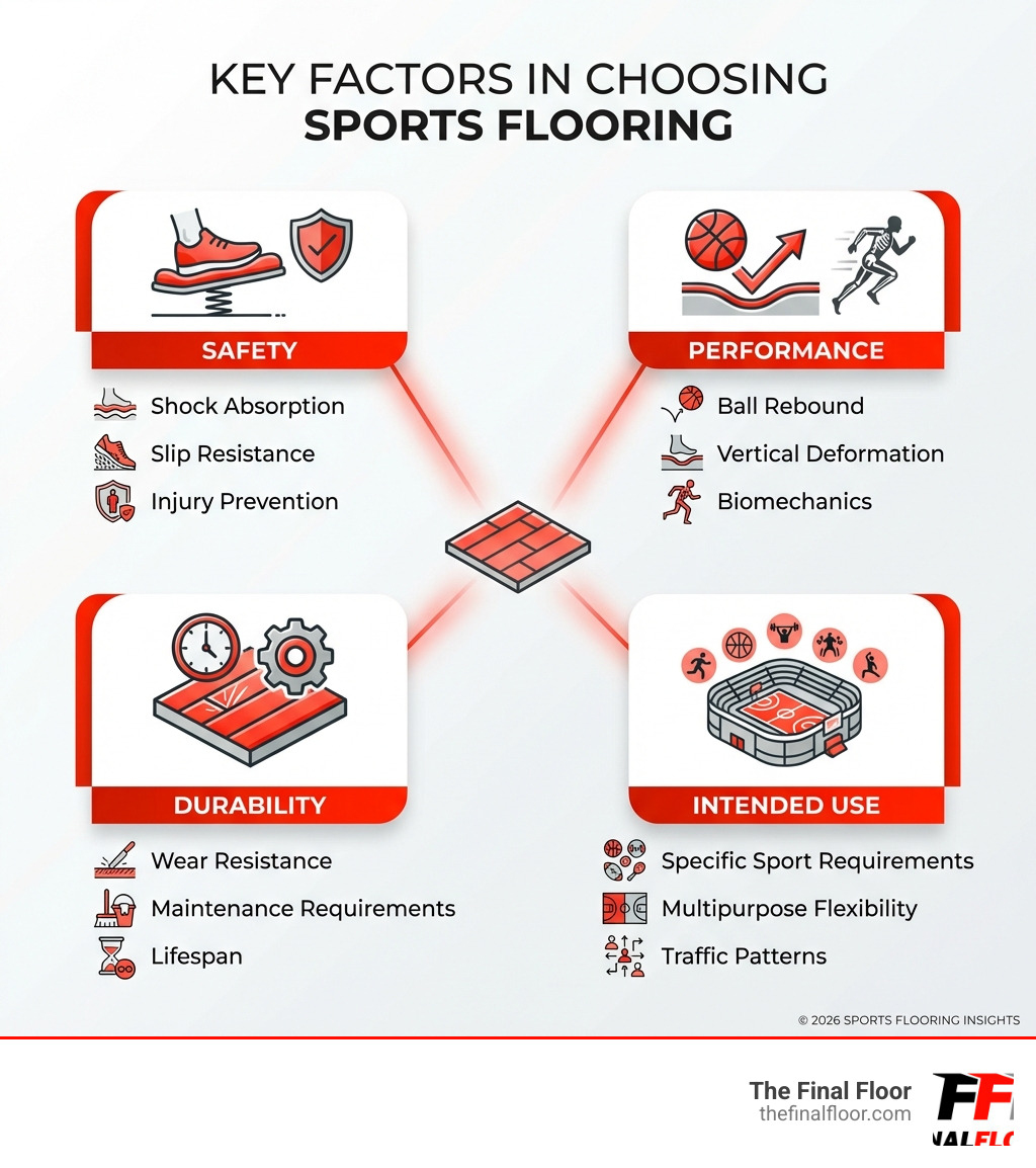 Infographic showing the four key factors in choosing sports flooring: Safety (shock absorption, slip resistance, injury prevention), Performance (ball rebound, vertical deformation, biomechanics), Durability (wear resistance, maintenance requirements, lifespan), and Intended Use (specific sport requirements, multipurpose flexibility, traffic patterns) - sports flooring infographic Infographic showing the four key factors in choosing sports flooring: Safety (shock absorption, slip resistance, injury prevention), Performance (ball rebound, vertical deformation, biomechanics), Durability (wear resistance, maintenance requirements, lifespan), and Intended Use (specific sport requirements, multipurpose flexibility, traffic patterns) - sports flooring infographic