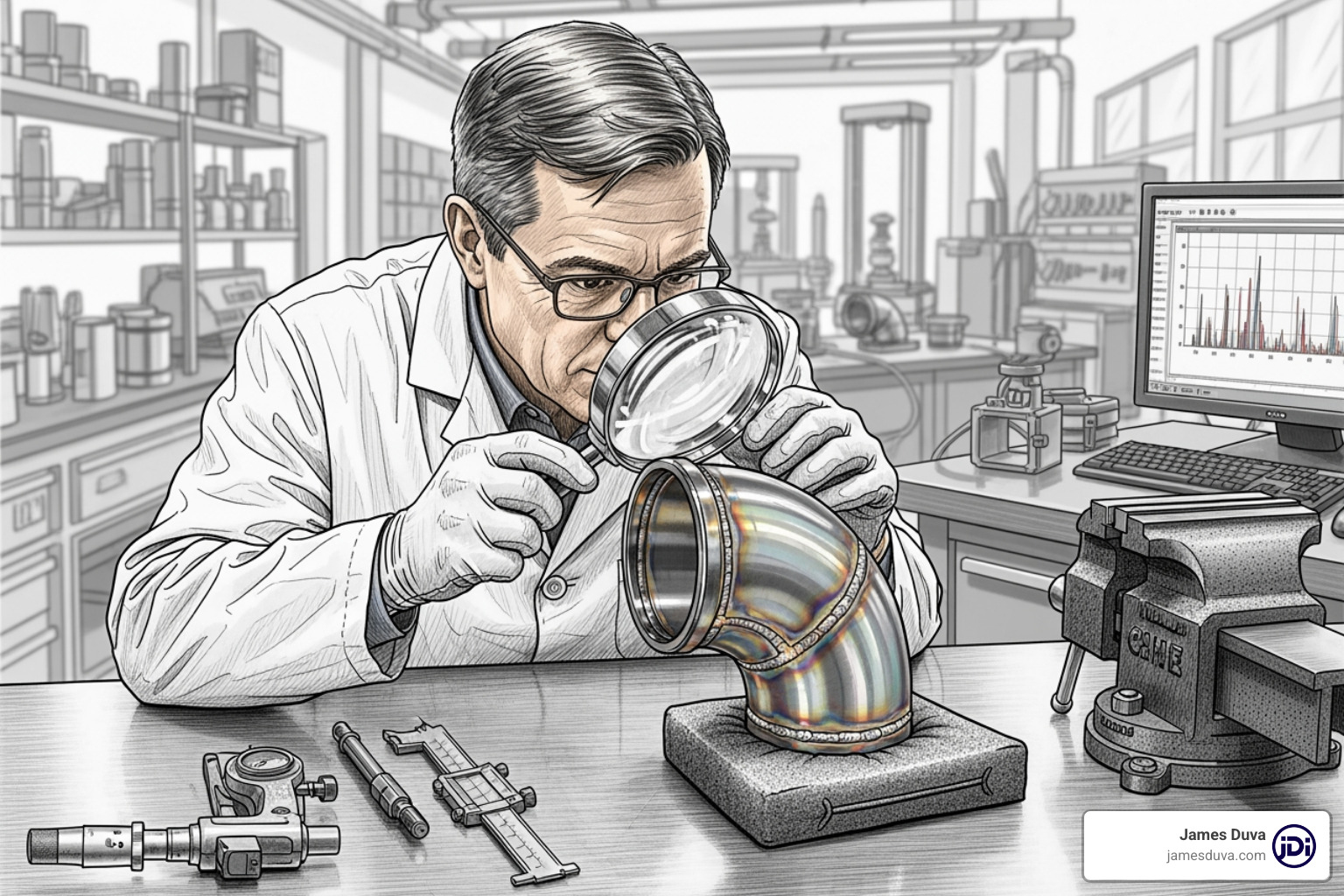 A metallurgist inspecting an alloy pipe sample under a magnifying glass - Custom alloy pipe