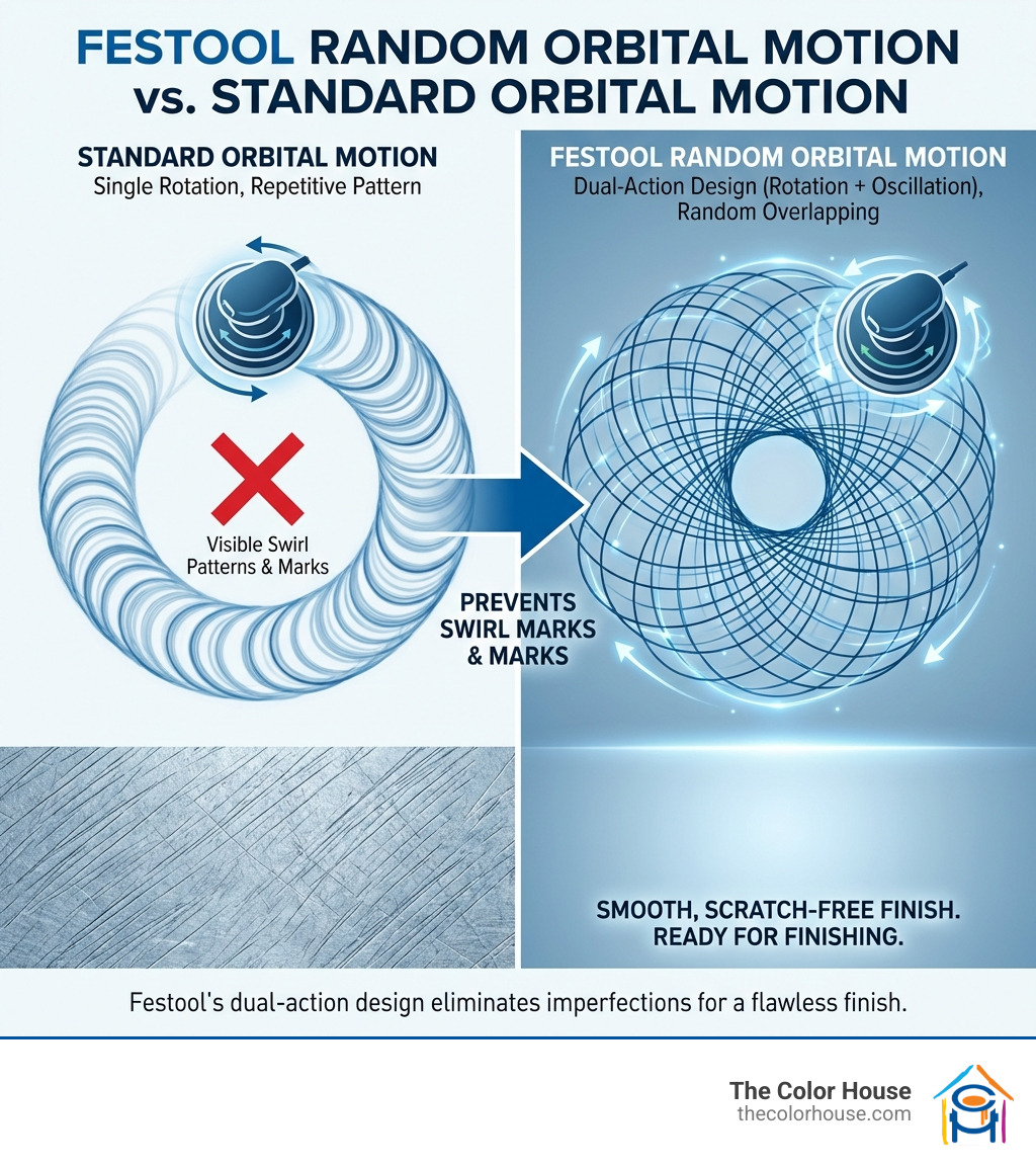 Infographic comparing random orbital motion versus standard orbital motion, showing how Festool's dual-action design combines rotation and oscillation to prevent sanding marks and swirl patterns, with arrows illustrating the random overlapping pattern that creates a perfectly smooth, scratch-free surface ready for finishing - festool random orbital sander infographic 