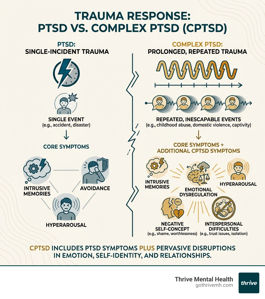 Infographic comparing single-incident trauma leading to PTSD versus prolonged, repeated trauma leading to Complex PTSD, showing the additional symptoms of emotional dysregulation, negative self-concept, and interpersonal difficulties that define CPTSD - complex ptsd infographic 