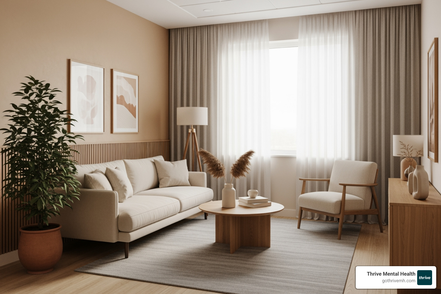 Modern therapy room, comfortable seating. Alt: "Comfortable and modern therapy room in a Florida PHP, designed for healing." - Partial hospitalization program Florida