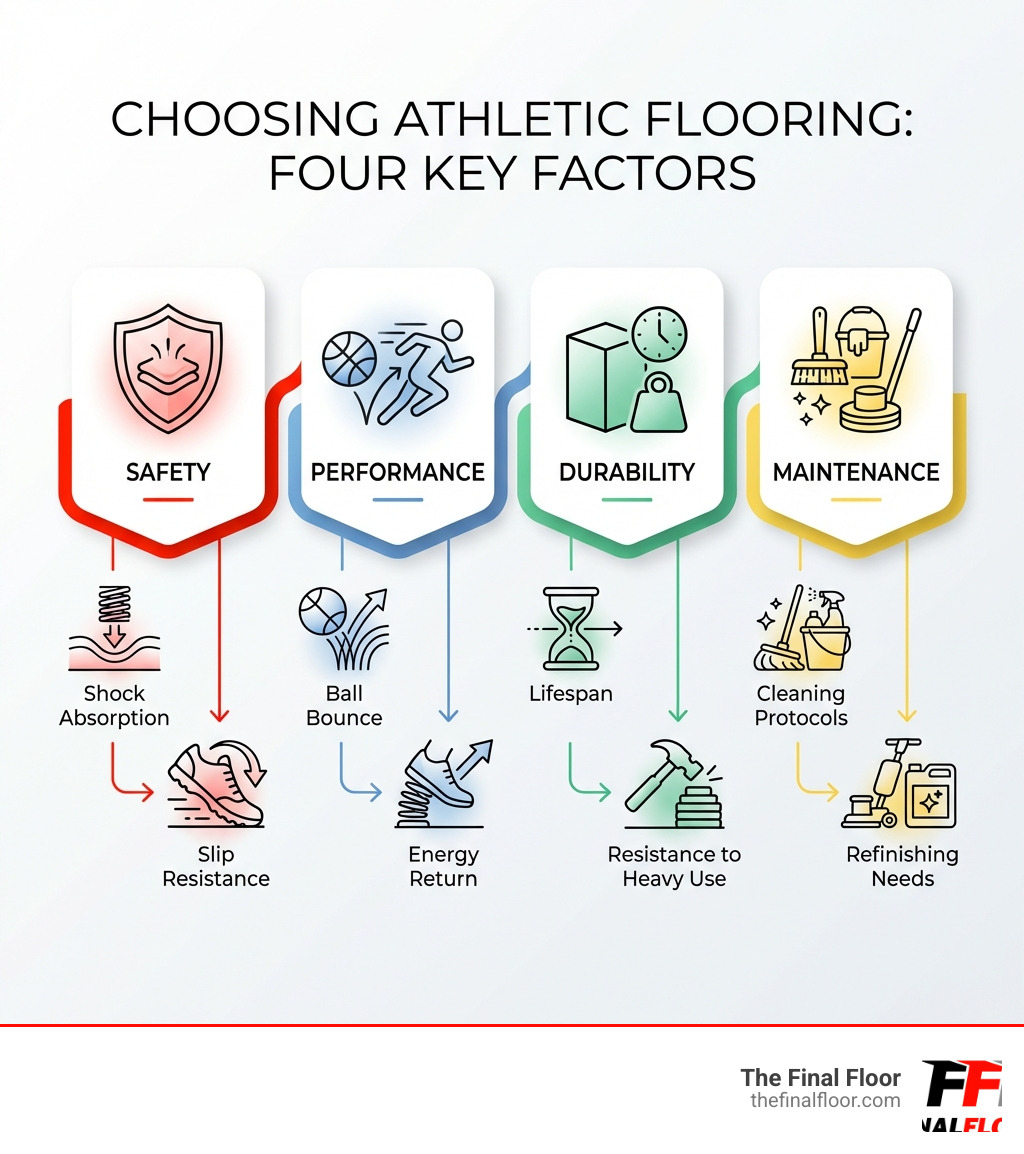 Infographic showing the four key factors in choosing athletic flooring: Safety features including shock absorption and slip resistance; Performance characteristics like ball bounce and energy return; Durability factors including lifespan and resistance to heavy use; Maintenance requirements including cleaning protocols and refinishing needs - athletic flooring infographic Infographic showing the four key factors in choosing athletic flooring: Safety features including shock absorption and slip resistance; Performance characteristics like ball bounce and energy return; Durability factors including lifespan and resistance to heavy use; Maintenance requirements including cleaning protocols and refinishing needs - athletic flooring infographic