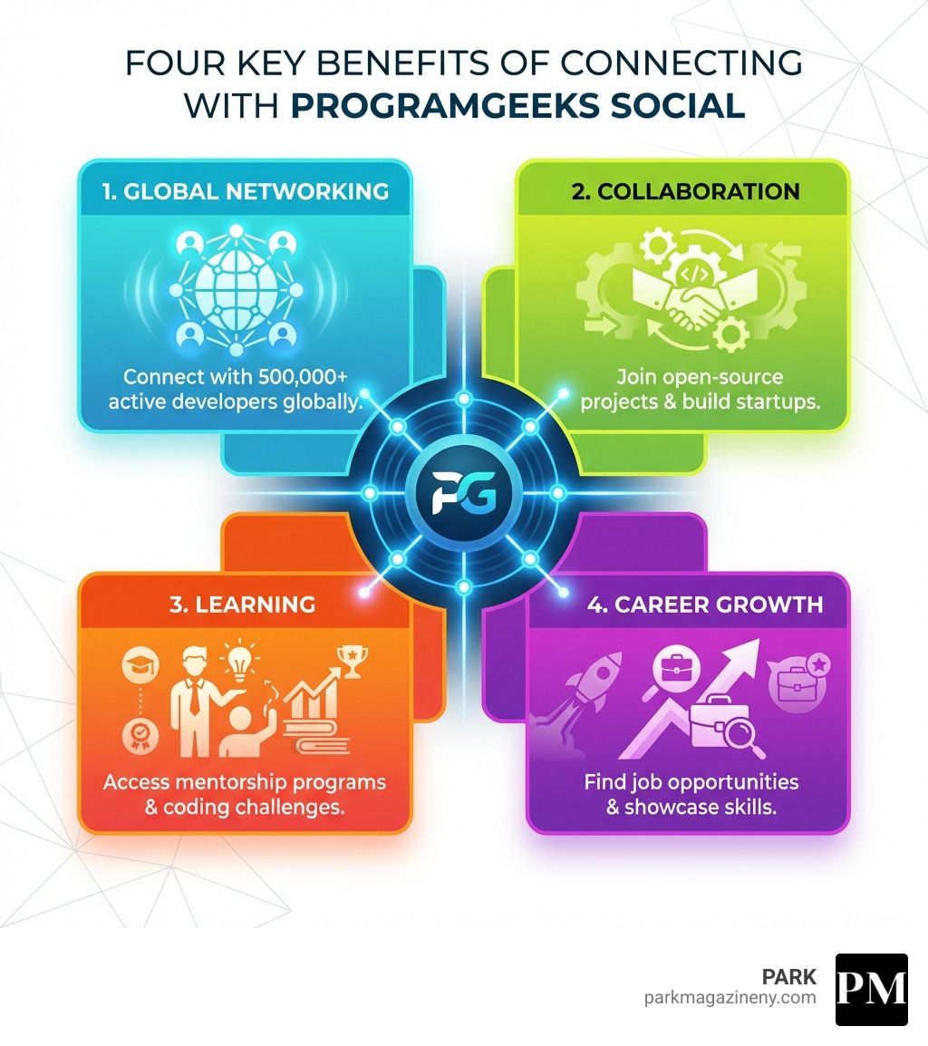 Infographic showing four key benefits of connecting with ProgramGeeks Social profiles: Networking with 500,000+ active developers globally, Collaboration on open-source projects and startups, Learning through mentorship programs and coding challenges, and Career Growth via job opportunities and skill showcases - programgeeks social infographic Infographic showing four key benefits of connecting with ProgramGeeks Social profiles: Networking with 500,000+ active developers globally, Collaboration on open-source projects and startups, Learning through mentorship programs and coding challenges, and Career Growth via job opportunities and skill showcases - programgeeks social infographic