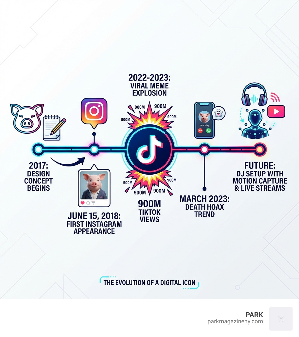 Infographic showing John Pork timeline: 2017 design concept begins, June 15 2018 first Instagram appearance, 2022-2023 viral meme explosion with 900M TikTok views, March 2023 death hoax trend, Future plans include DJ setup with motion capture and live streams - john pork infographic Infographic showing John Pork timeline: 2017 design concept begins, June 15 2018 first Instagram appearance, 2022-2023 viral meme explosion with 900M TikTok views, March 2023 death hoax trend, Future plans include DJ setup with motion capture and live streams - john pork infographic