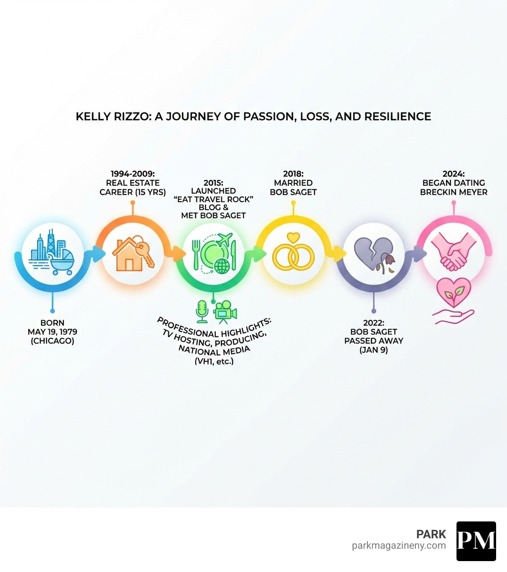 Infographic showing Kelly Rizzo's life timeline: Born May 19, 1979 in Chicago; 1994-2009 worked in real estate; 2015 launched Eat Travel Rock blog and met Bob Saget; 2018 married Bob Saget; 2022 Bob Saget passed away January 9; 2024 began dating Breckin Meyer. Professional highlights include TV hosting, producing, and national media appearances on VH1 and other networks. - kelly rizzo infographic 