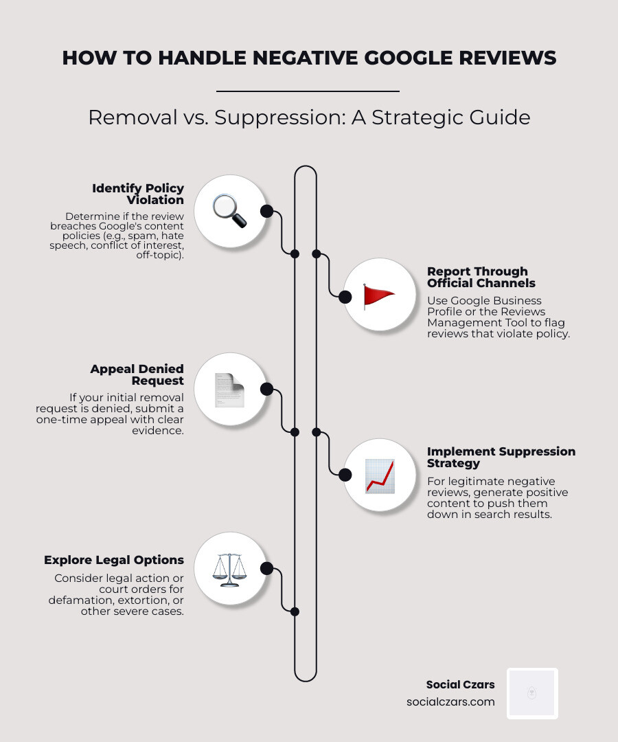infographic explaining the process flow: identify policy violation, report through Google tools, submit appeal with evidence if denied, or implement suppression strategy if legitimate negative review - How to get back reviews removed from Google Search results infographic infographic-line-5-steps-elegant_beige infographic explaining the process flow: identify policy violation, report through Google tools, submit appeal with evidence if denied, or implement suppression strategy if legitimate negative review - How to get back reviews removed from Google Search results infographic infographic-line-5-steps-elegant_beige