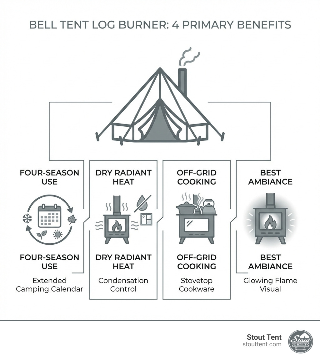 Infographic showing four primary benefits of a bell tent log burner: Four-Season Use with extended camping calendar, Dry Radiant Heat with condensation control icon, Off-Grid Cooking with stovetop cookware, and Best Ambiance with glowing flame visual - log burner for bell tent infographic 