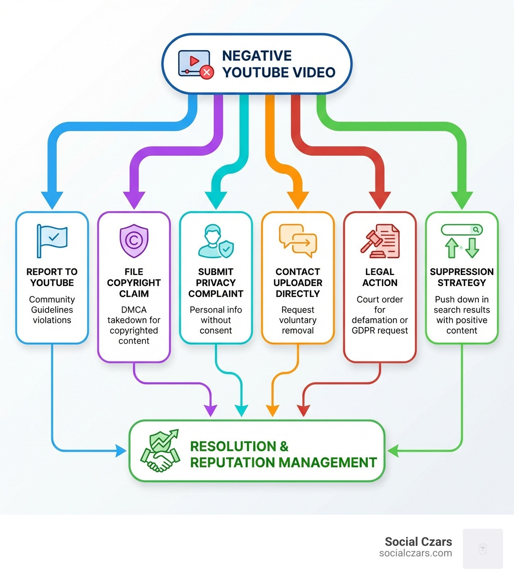 Flowchart showing main paths to YouTube video removal: Report to YouTube (Community Guidelines violations), File Copyright Claim (DMCA takedown for copyrighted content), Submit Privacy Complaint (personal information without consent), Contact Uploader Directly (request voluntary removal), Legal Action (court order for defamation or GDPR request), and Suppression Strategy (push down in search results with positive content) - How to remove negative videos on YouTube infographic 