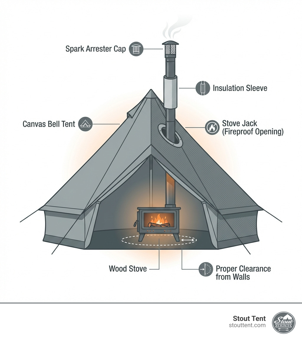 Infographic showing the essential components of a hot tent setup: a canvas bell tent with labeled stove jack location, a wood stove positioned inside with proper clearance from walls, chimney pipes extending through the stove jack with insulation sleeve, and a spark arrester cap at the top - tent with chimney hole infographic Infographic showing the essential components of a hot tent setup: a canvas bell tent with labeled stove jack location, a wood stove positioned inside with proper clearance from walls, chimney pipes extending through the stove jack with insulation sleeve, and a spark arrester cap at the top - tent with chimney hole infographic