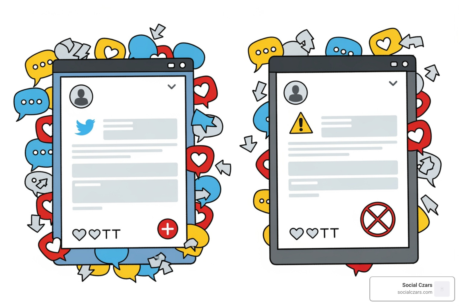 A graphic illustrating two X posts side-by-side. One post has many replies, retweets, and likes, with a green checkmark indicating high engagement. The other post has a warning sign, with text like 'offensive content' or 'untrusted link' and a red X indicating low reach. - How to Rank Better on X Search Results A graphic illustrating two X posts side-by-side. One post has many replies, retweets, and likes, with a green checkmark indicating high engagement. The other post has a warning sign, with text like 'offensive content' or 'untrusted link' and a red X indicating low reach. - How to Rank Better on X Search Results