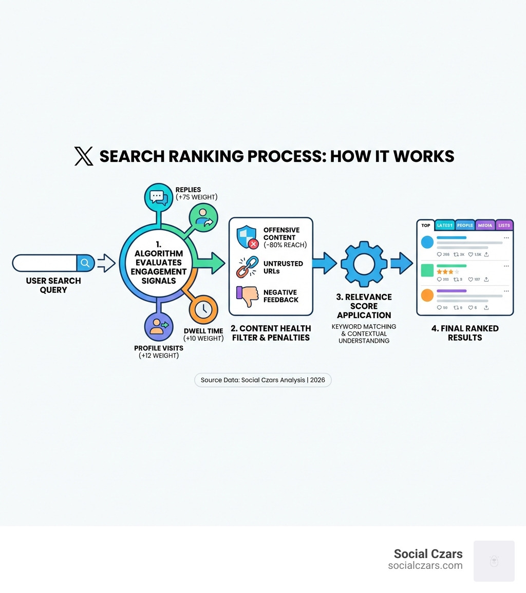 Infographic showing the X search ranking process: User enters search query → X algorithm evaluates engagement signals (replies +75, profile visits +12, dwell time +10) → Content filtered by health score (penalties for offensive content -80%, untrusted URLs, negative feedback) → Relevance score applied based on keyword matching → Final ranked results displayed in Top/Latest/People/Media/Lists categories - How to Rank Better on X Search Results infographic Infographic showing the X search ranking process: User enters search query → X algorithm evaluates engagement signals (replies +75, profile visits +12, dwell time +10) → Content filtered by health score (penalties for offensive content -80%, untrusted URLs, negative feedback) → Relevance score applied based on keyword matching → Final ranked results displayed in Top/Latest/People/Media/Lists categories - How to Rank Better on X Search Results infographic