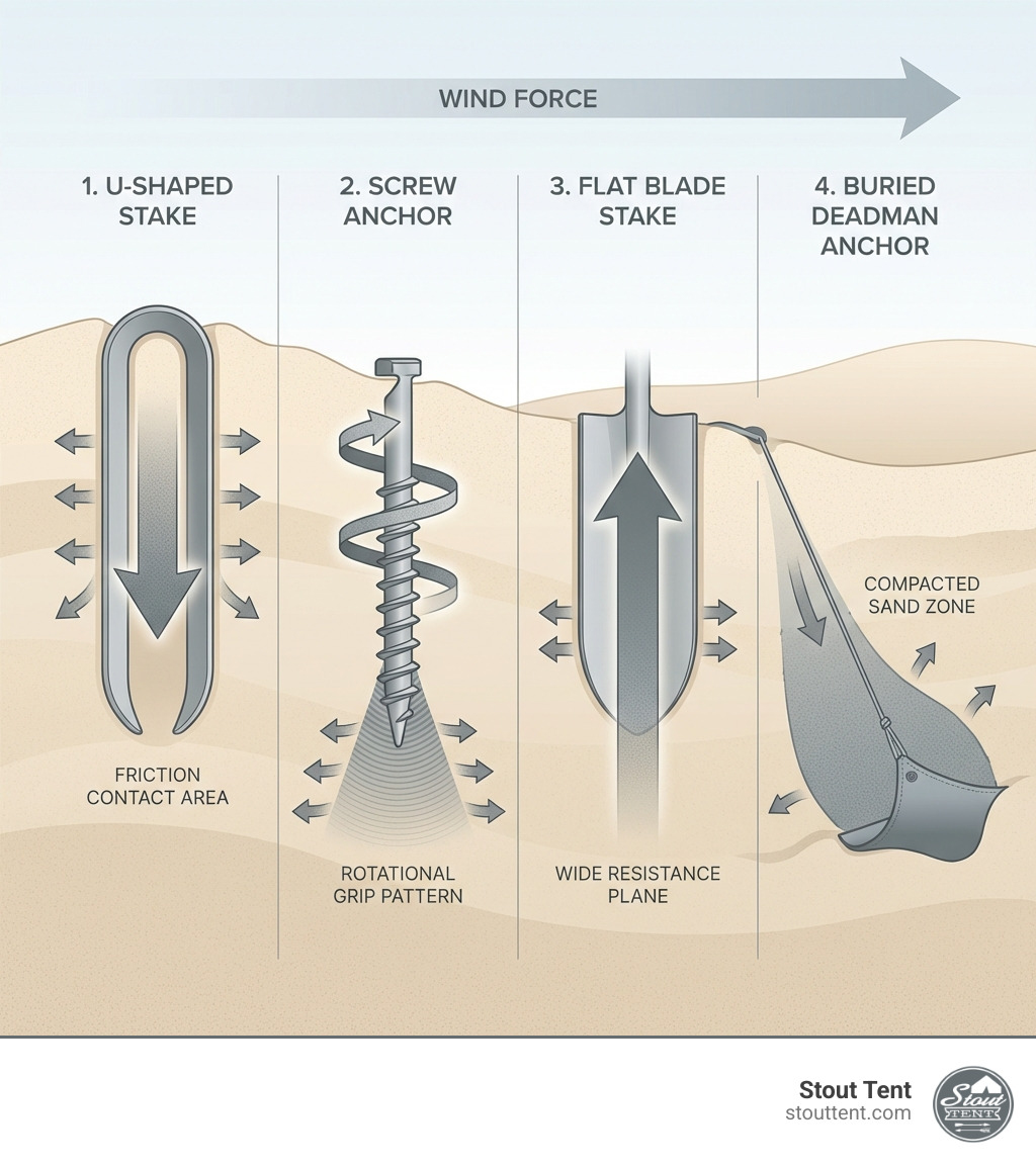 infographic showing cross-section view of four stake types buried in sand with arrows indicating wind force and holding mechanisms: U-shaped stake with friction contact area highlighted, screw anchor with rotational grip pattern, flat blade with wide resistance plane, and buried deadman anchor with compacted sand zone - sand tent stakes infographic 