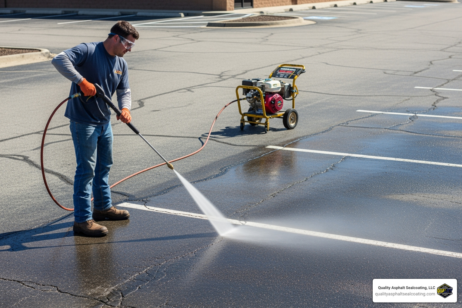 worker using a power washer to clean an asphalt surface - parking lot re-striping