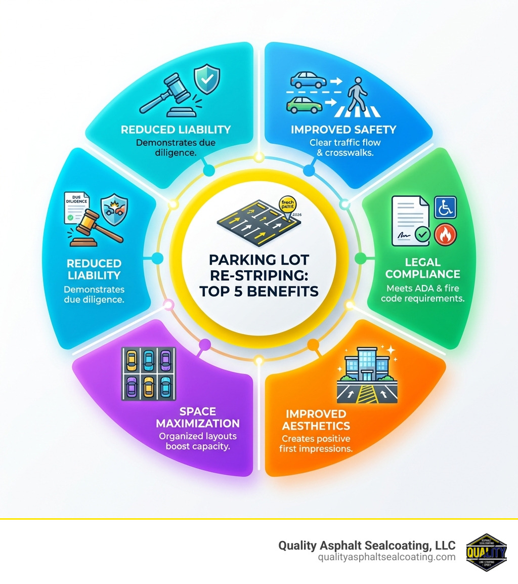infographic showing the top 5 benefits of parking lot re-striping: improved safety with clear traffic flow and crosswalks, legal compliance with ADA and fire code requirements, improved aesthetics creating positive first impressions, space maximization through organized parking layouts, and reduced liability by demonstrating due diligence - parking lot re-striping infographic 