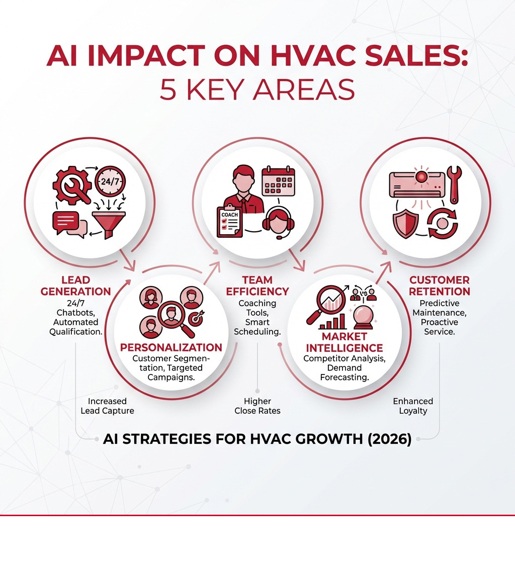 Infographic showing 5 key areas where AI impacts HVAC sales: Lead Generation through 24/7 chatbots and automated qualification, Personalization via customer segmentation and targeted campaigns, Team Efficiency with coaching tools and smart scheduling, Market Intelligence for competitor analysis and demand forecasting, and Customer Retention through predictive maintenance and proactive service - AI Sales Strategies for HVAC infographic 