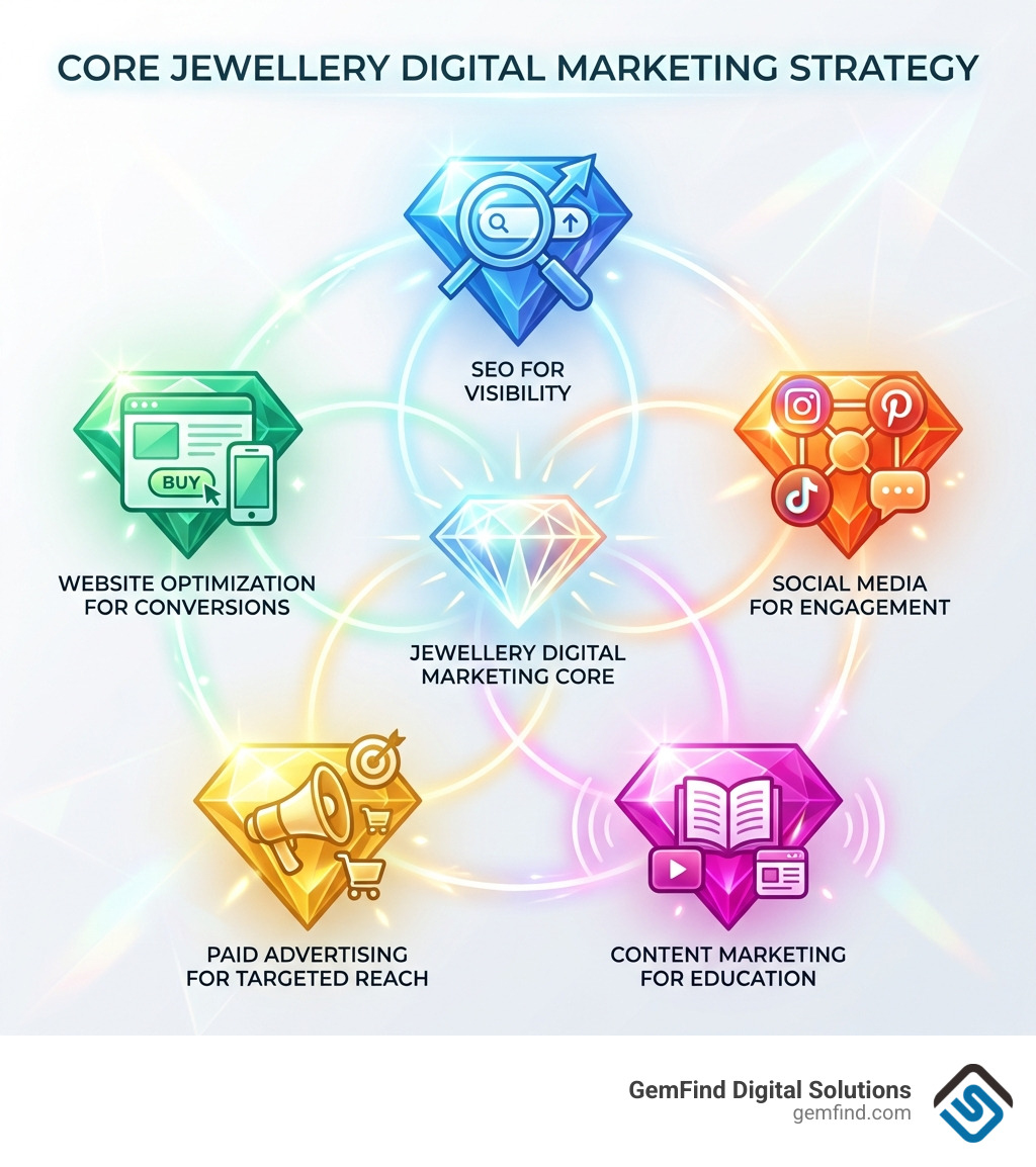 Core pillars of jewellery digital marketing strategy showing five interconnected elements: SEO for visibility, Social Media for engagement, Content Marketing for education, Paid Advertising for targeted reach, and Website Optimization for conversions - jewellery digital marketing infographic