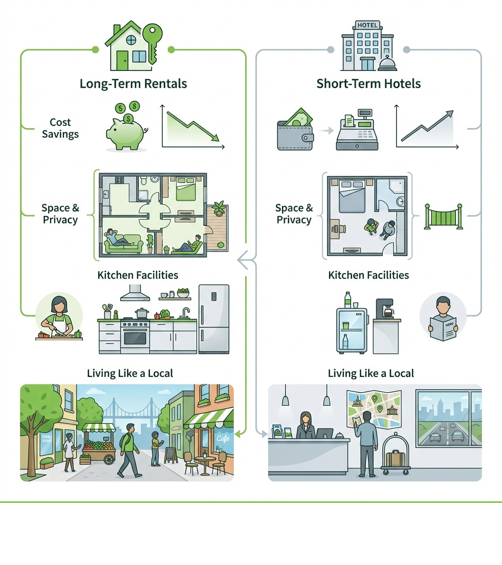 Infographic comparing long-term rentals vs. short-term hotels, highlighting factors like Cost Savings, Space & Privacy, Kitchen Facilities, and Living Like a Local. - Long stay Sydney infographic Infographic comparing long-term rentals vs. short-term hotels, highlighting factors like Cost Savings, Space & Privacy, Kitchen Facilities, and Living Like a Local. - Long stay Sydney infographic