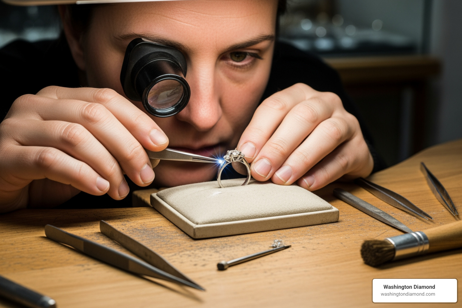 A jeweler using a loupe to inspect a diamond ring - Jewelry repair McLean VA