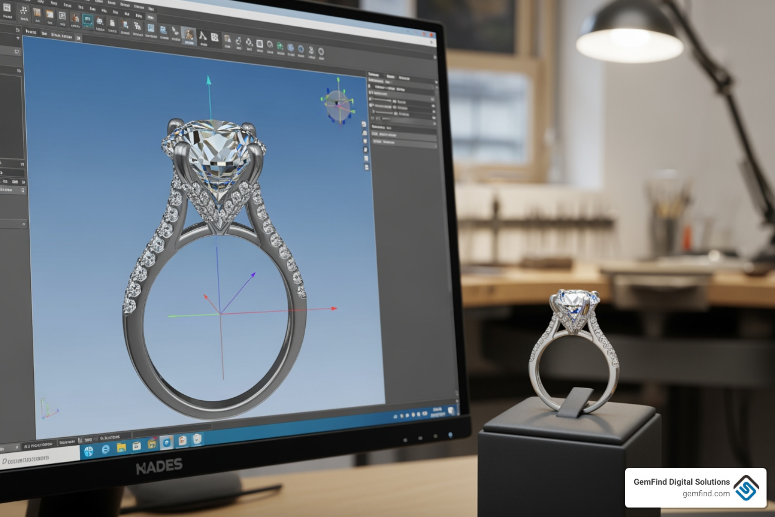 CAD rendering next to a finished custom jewelry piece - custom jewelry design website CAD rendering next to a finished custom jewelry piece - custom jewelry design website