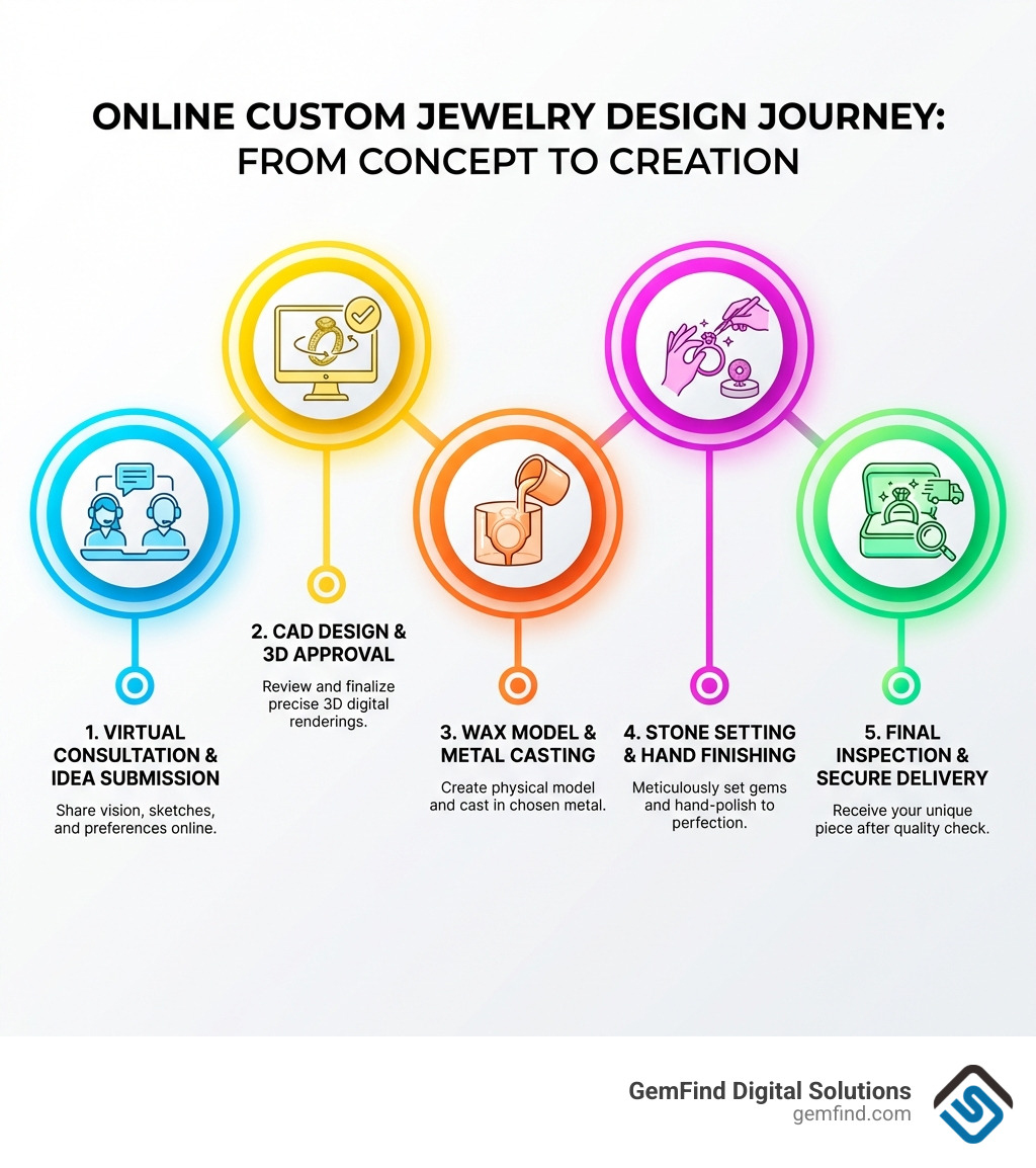 Infographic showing the custom jewelry design process: Step 1 - Virtual consultation and idea submission, Step 2 - CAD design and 3D rendering with client approval, Step 3 - Wax model creation and metal casting, Step 4 - Stone setting and hand finishing, Step 5 - Final inspection and secure delivery - custom jewelry design website infographic Infographic showing the custom jewelry design process: Step 1 - Virtual consultation and idea submission, Step 2 - CAD design and 3D rendering with client approval, Step 3 - Wax model creation and metal casting, Step 4 - Stone setting and hand finishing, Step 5 - Final inspection and secure delivery - custom jewelry design website infographic
