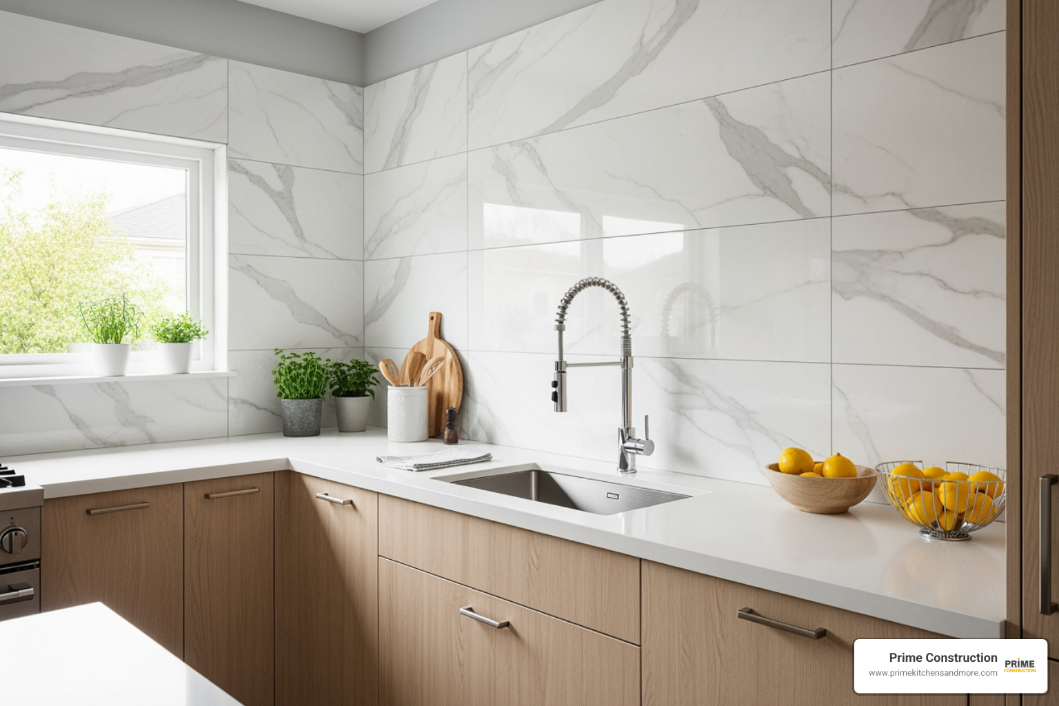 small kitchen large format marble-look tiles - backsplash tile for small kitchen