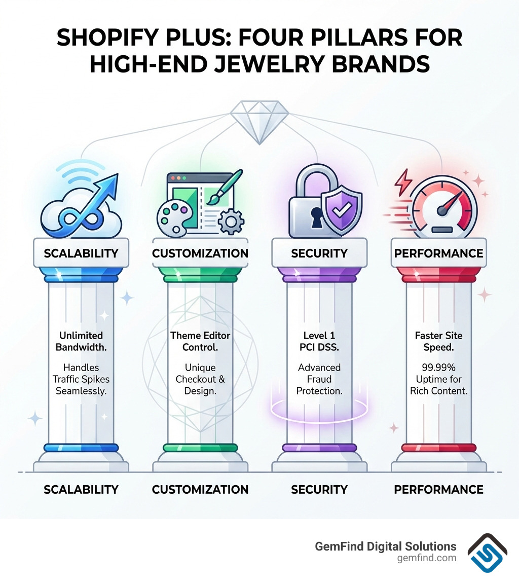infographic showing four pillars: Scalability with unlimited bandwidth icon, Customization with theme editor icon, Security with lock and shield icon, and Performance with speedometer icon - Shopify Plus for Jewelry Brands infographic 