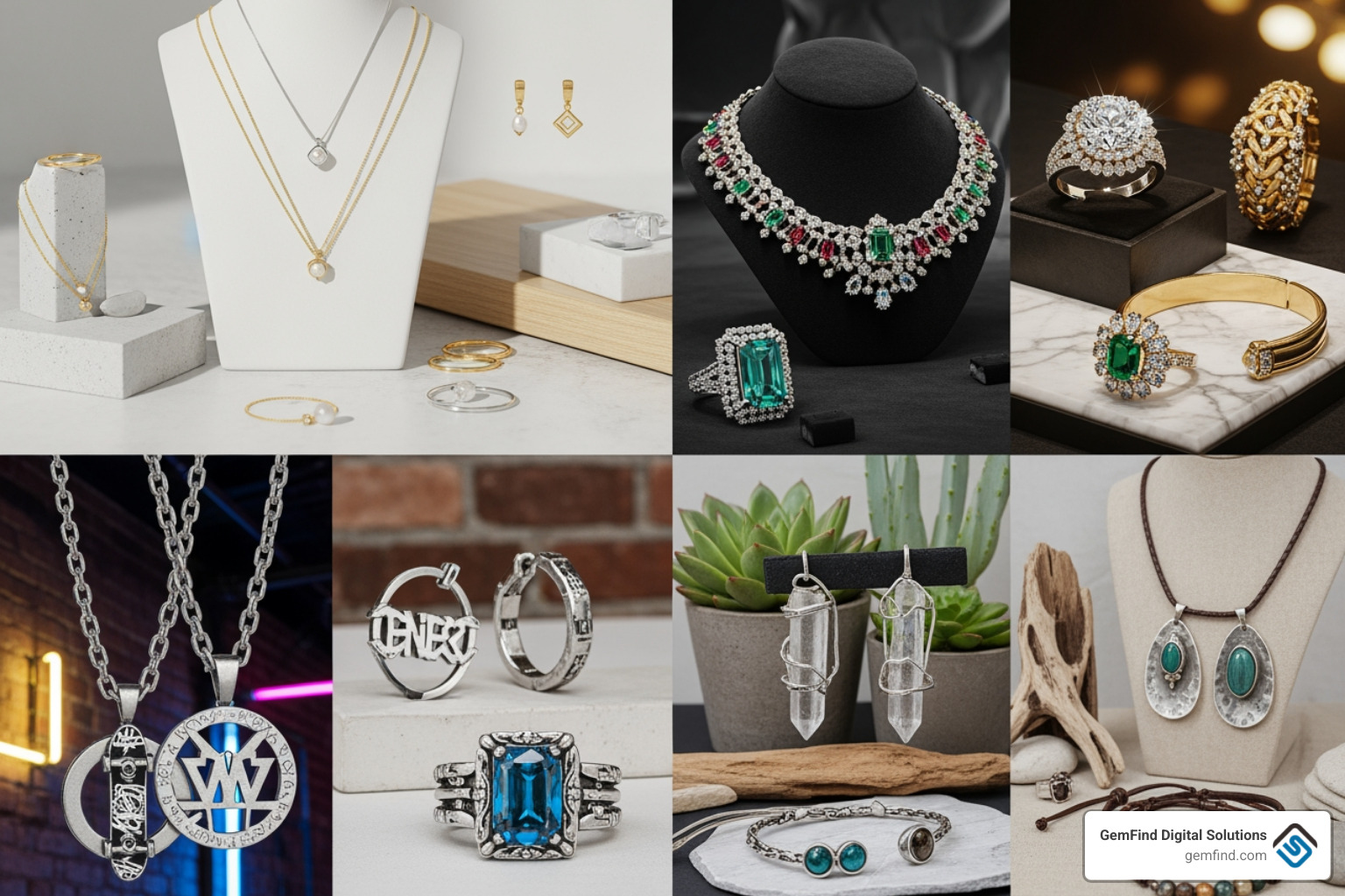 A collage showcasing different jewelry store styles including minimalist, luxury, streetwear, and ethical designs - shopify jewelry store examples