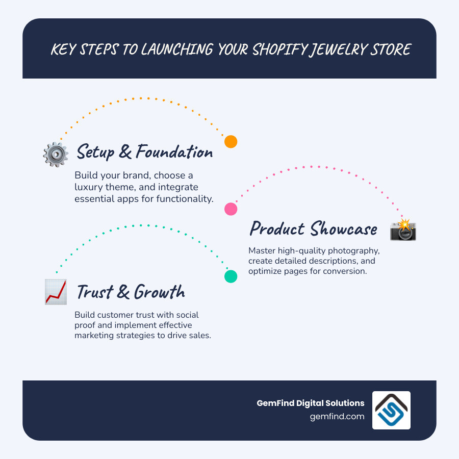 Infographic explaining the key steps to launching a Shopify jewelry store - jewelry store shopify infographic infographic-line-3-steps-blues-accent_colors