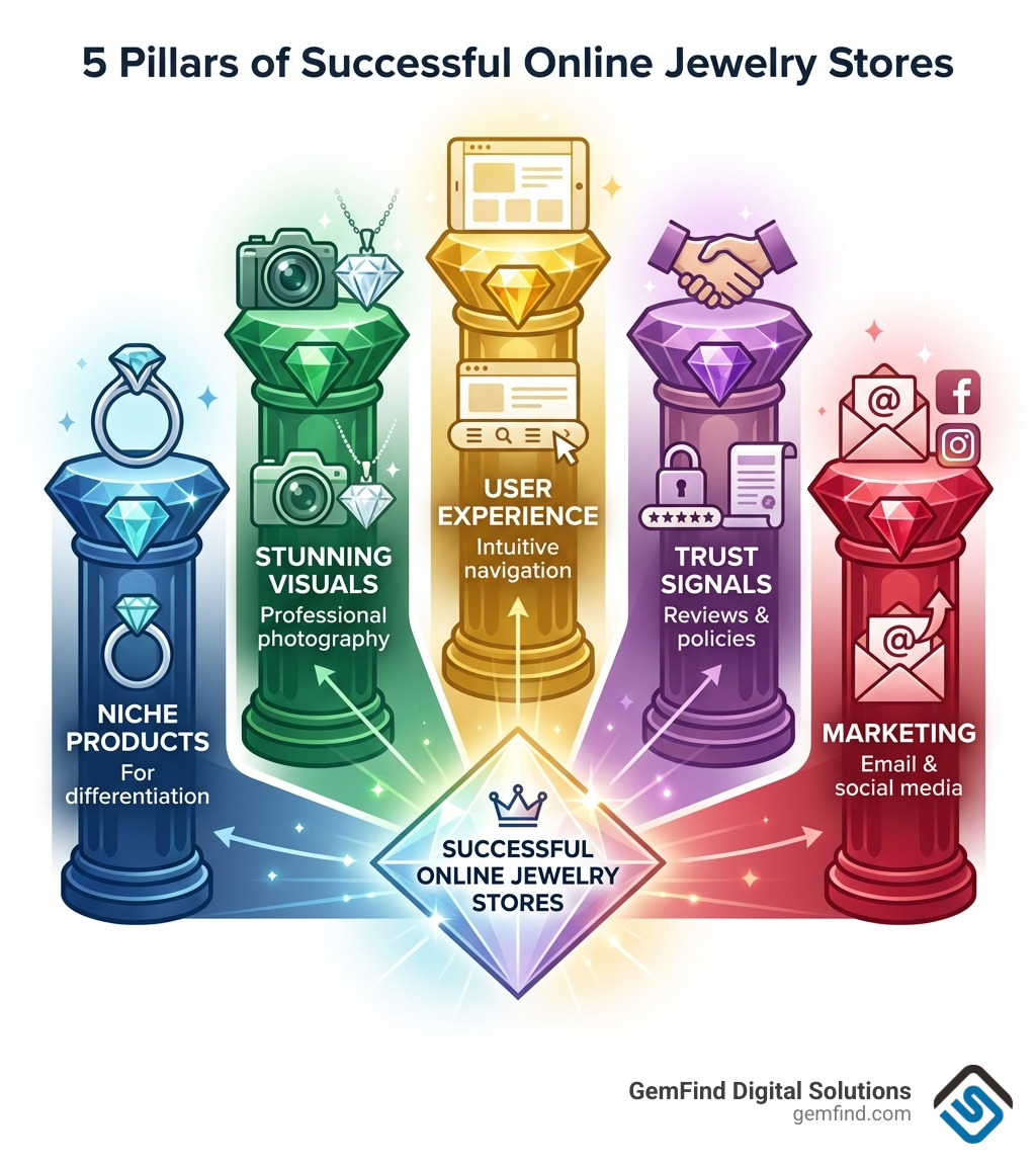 Infographic showing the 5 pillars of successful online jewelry stores: Niche Products for differentiation, Stunning Visuals with professional photography, User Experience through intuitive navigation, Trust Signals via reviews and policies, and Marketing through email and social media - shopify jewelry store examples infographic 